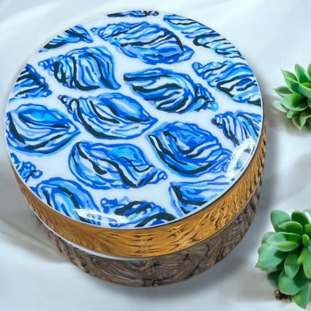 LILLY PULITZER Ring Box With Lid Blue Shell Design Gold Trim